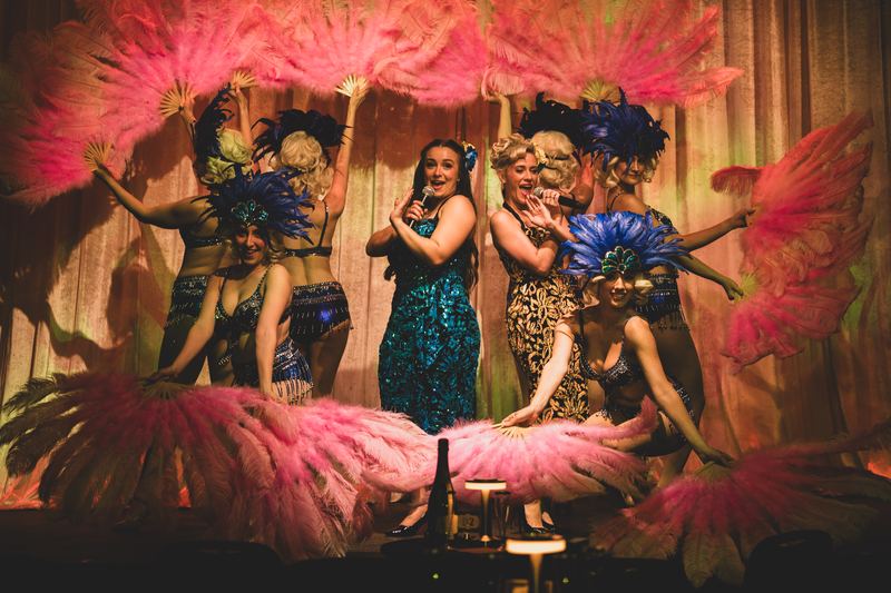 Pink feathers and green sequins